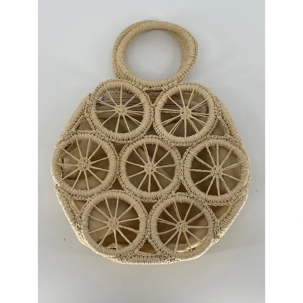 Woven Straw Circle Wheel Tote Bag Beige Raffia Summer Beach Handbag Boho Beach